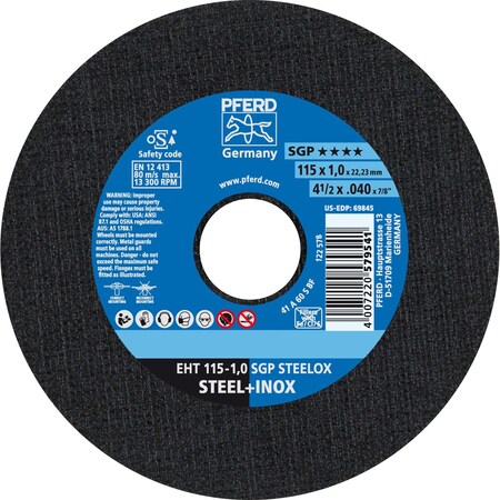 Pferd 4-1/2" x .040" Cut-Off Wheel, 7/8" A.H. SGP STEELOX - Type 1 69845